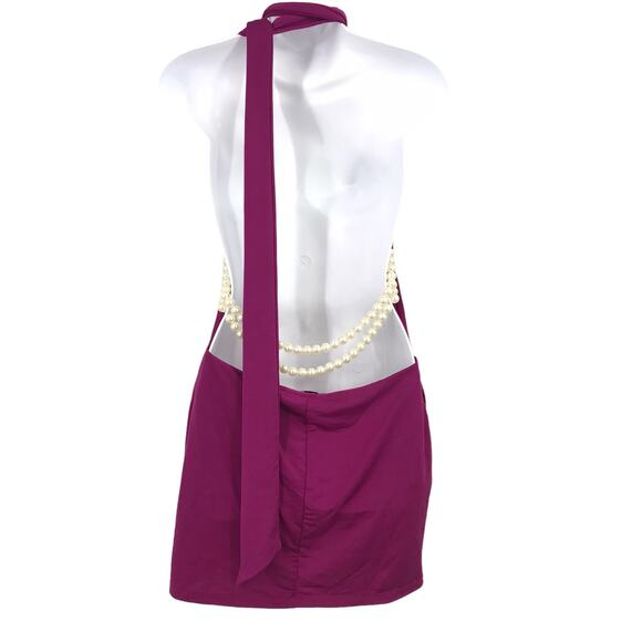Khanum's Kara Diamante Trim Mini Dress L Halterneck Tie Open Back Faux Pearl - Picture 2 of 8